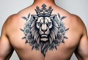 powerful majestic lion with a crown, surrounded by floral ornaments and birds tattoo idea
