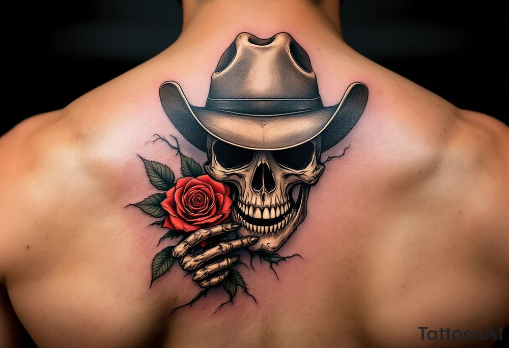 skeleton cowboy with rose in teeth tattoo idea