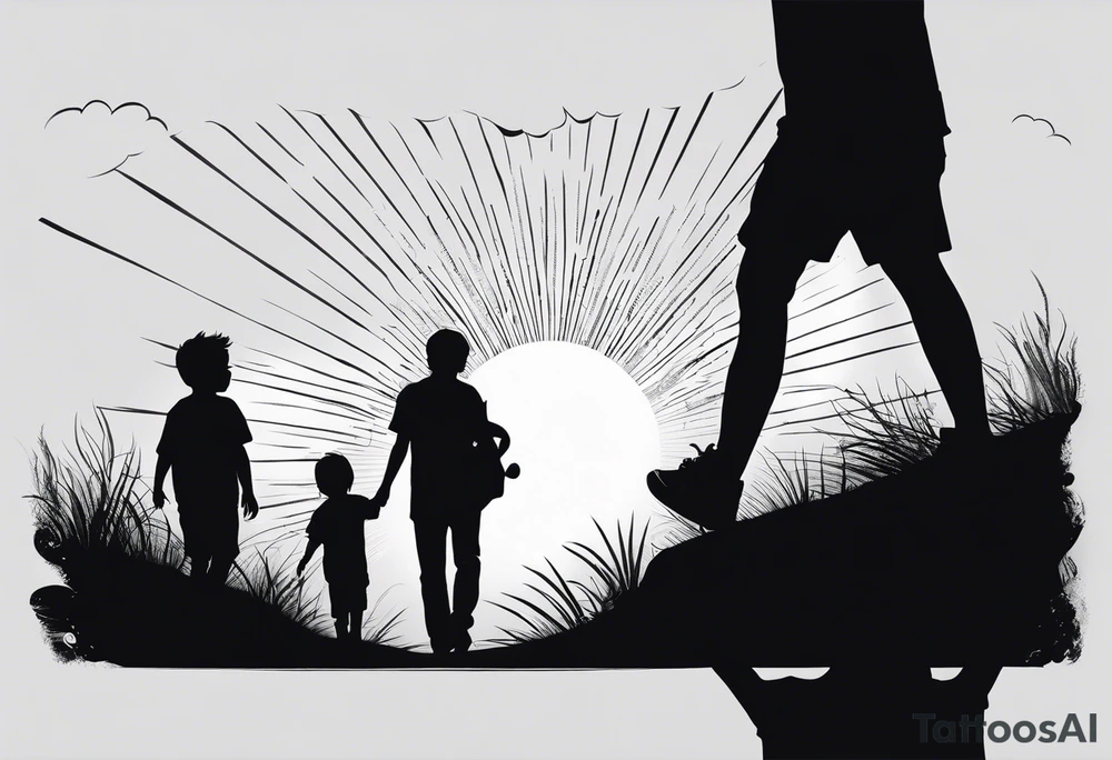 chest and sleeve sun rays with road and dad, daughter and son silhouette tattoo idea