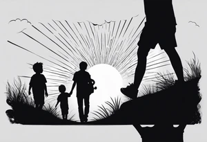 chest and sleeve sun rays with road and dad, daughter and son silhouette tattoo idea