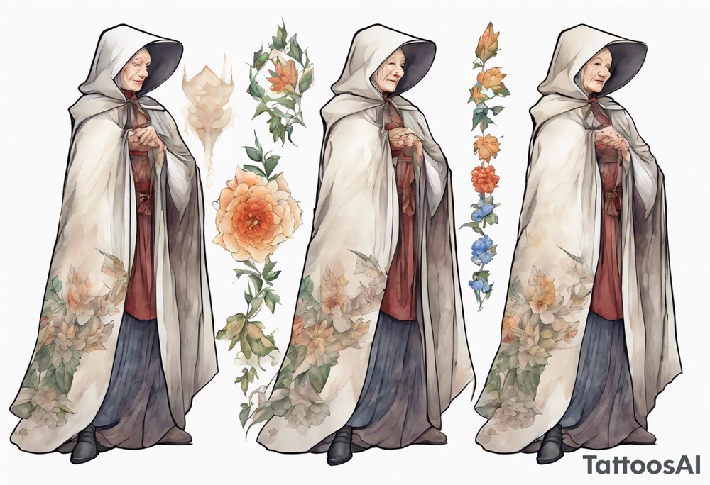 beautiful older woman wearing white medieval cloak and boots tattoo idea