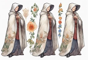 beautiful older woman wearing white medieval cloak and boots tattoo idea