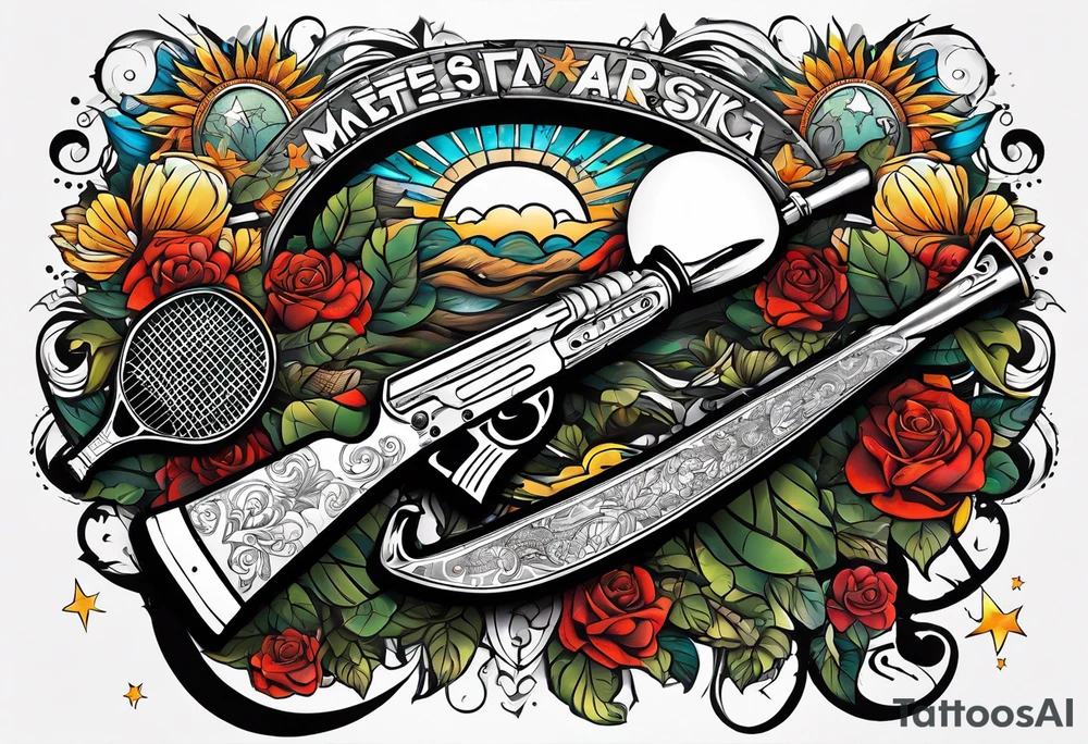 Arm tattoo sleeve include ak-47, tennis racket, fitness, motivational quote, sun, tattoo idea