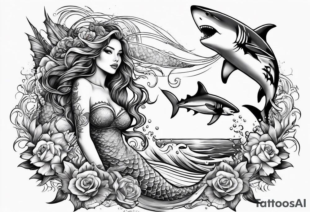 Mermaid with great white shark and tiger shark tattoo idea