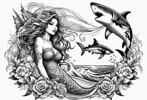 Mermaid with great white shark and tiger shark tattoo idea
