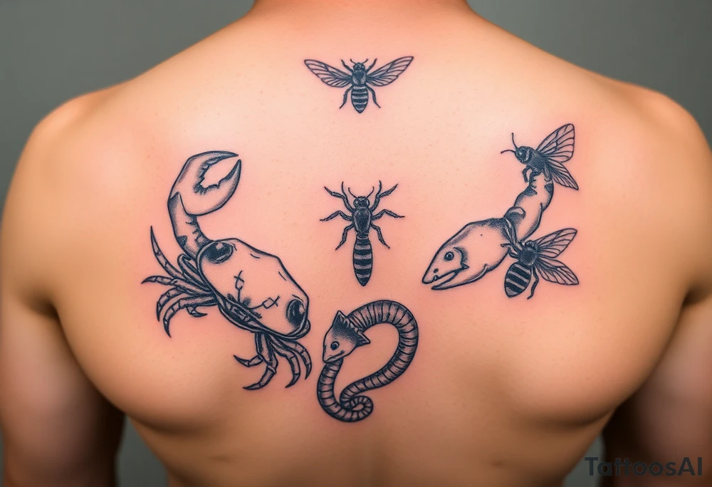Crabs, fish, snake, bees tattoo idea