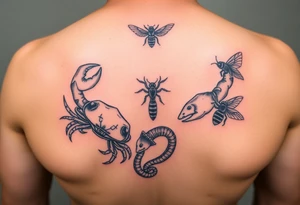 Crabs, fish, snake, bees tattoo idea