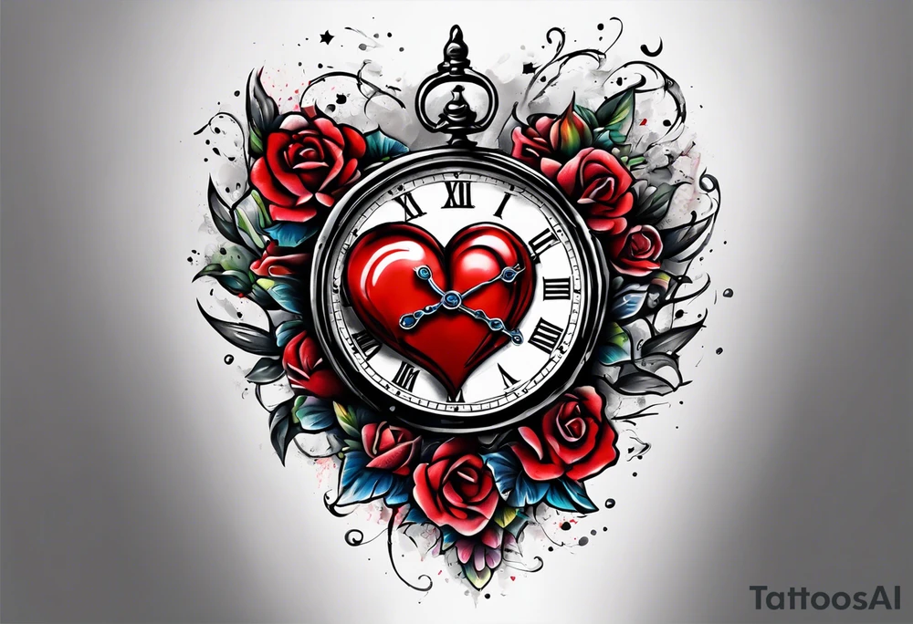 broken heart with clock in middle.
Clock hands on 8 and 5.
Never Say Never written on tattoo tattoo idea
