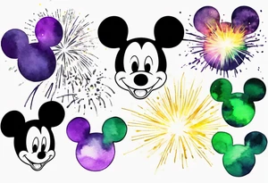 Simple Mickey head and ears in black with watercolor fireworks behind in green purple and yellow. tattoo idea