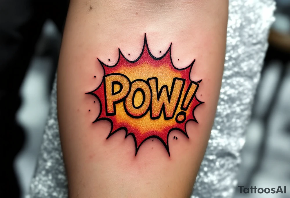 A comic-book style “POW!” bubble in red and yellow with “Díky tati!” inside. tattoo idea