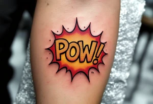 A comic-book style “POW!” bubble in red and yellow with “Díky tati!” inside. tattoo idea