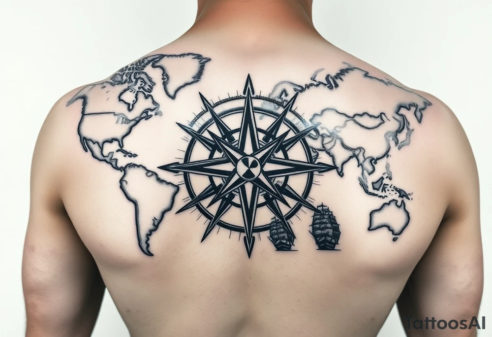 antique compass rose overlaid on weathered world map with sailing ships tattoo idea
