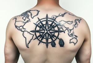 antique compass rose overlaid on weathered world map with sailing ships tattoo idea