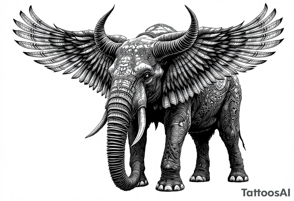 A hieroglyphic, detailing an African elephant with horns and wings that resemble that are a falcons tattoo idea