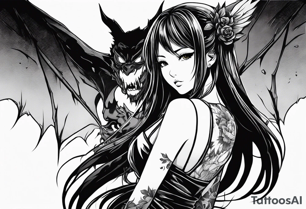2 dimensional art of a bleeding anime girl threatened by an asian gargoyle tattoo idea