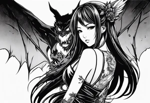 2 dimensional art of a bleeding anime girl threatened by an asian gargoyle tattoo idea