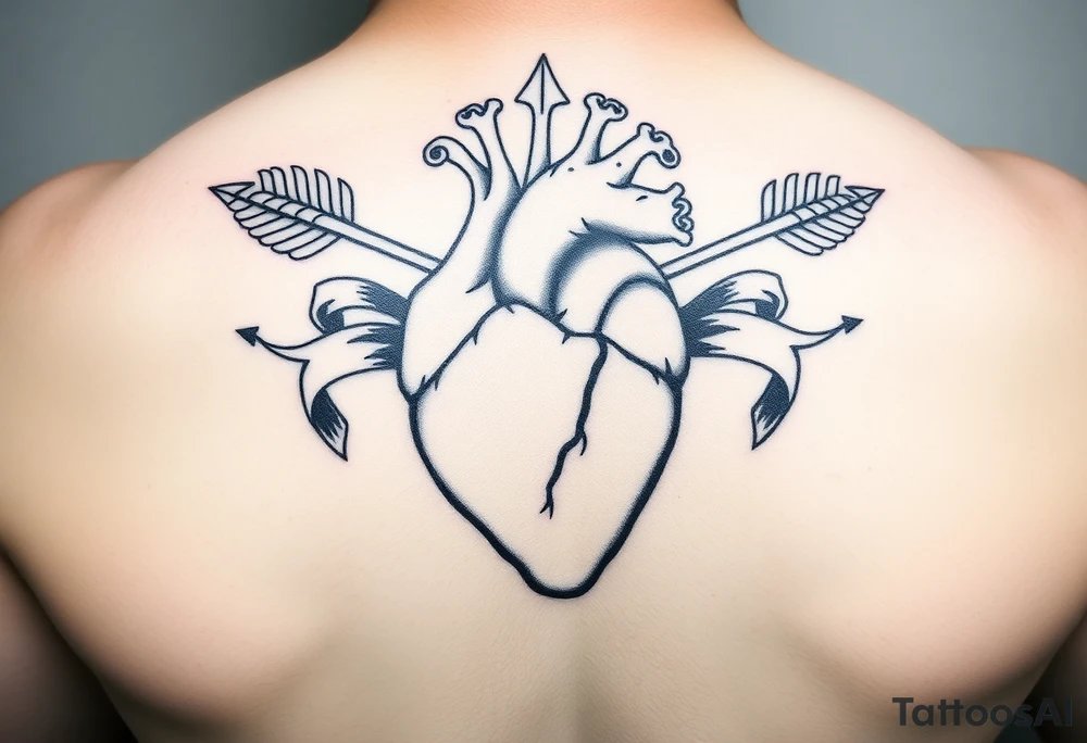 anatomical heart pierced by ornate arrow with flowing ribbons tattoo idea