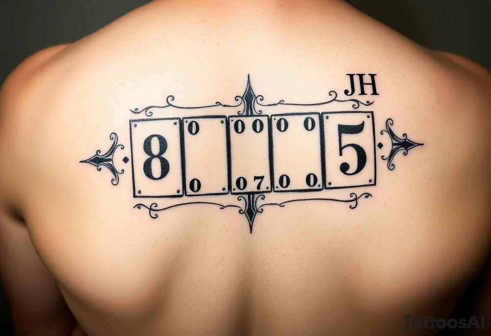 dominosteine mit den augen nummern 8 7 6 und beim letzten unten 6 und oben die Inizialen JH tattoo idea