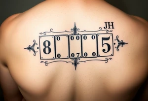 dominosteine mit den augen nummern 8 7 6 und beim letzten unten 6 und oben die Inizialen JH tattoo idea