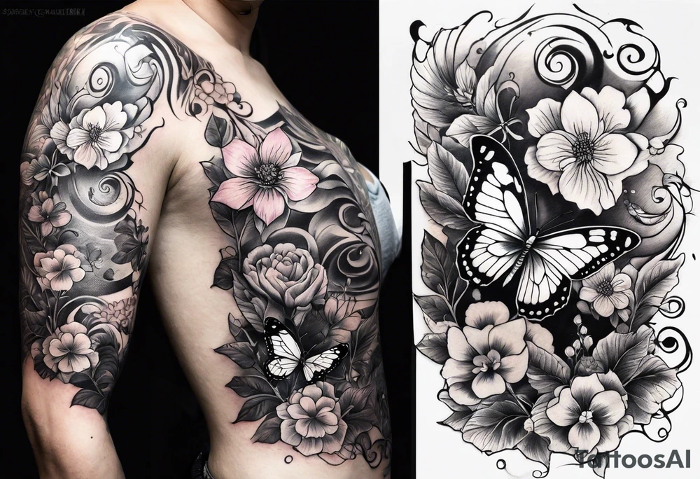 Life to death sleeve with butterflies and flowers tattoo idea