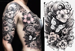 Life to death sleeve with butterflies and flowers tattoo idea