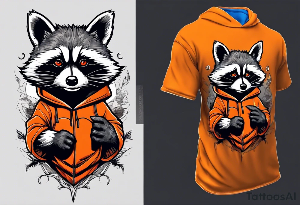 Raccoon wearing an orange Superman hoodie tattoo idea