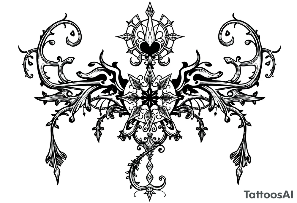 mystical dark and long ornament with witch mytolog and ancient rhyme tattoo idea