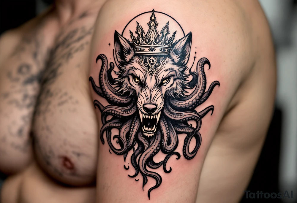 powerful majestic wolf octopus with a crown, howling to the moon tattoo idea