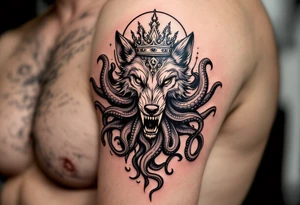 powerful majestic wolf octopus with a crown, howling to the moon tattoo idea