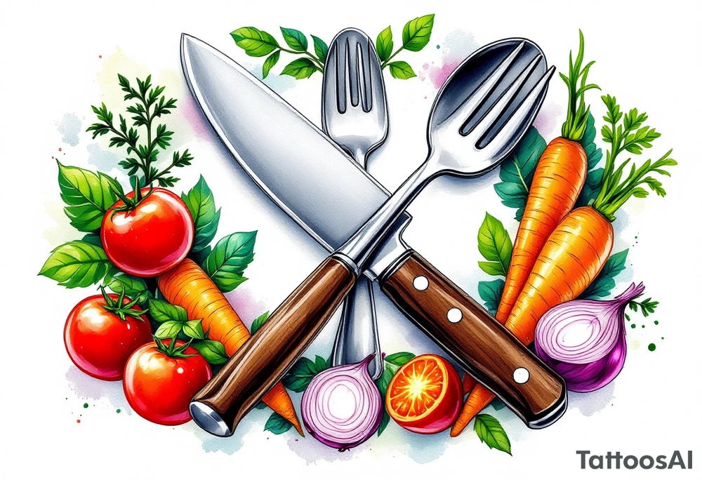 A realistic kitchen tattoo design showing a large silver kitchen knife with a dark brown wooden handle crossed over a shiny silver fork and spoon, all placed diagonally, surrounded by whole and sliced vegetables including bright red round tomatoes, leafy green basil, long orange carrots with green tops, and round purple onions with visible rings, all arranged in a circular wreath shape with a soft white background and subtle watercolor splashes of green, red, and orange for depth. tattoo idea