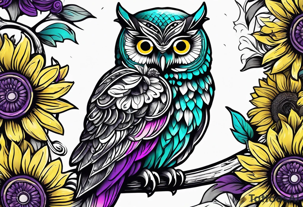 Black and white owl shaded teal, pink and purple surrounded by yellow sunflowers sleeve tattoo idea