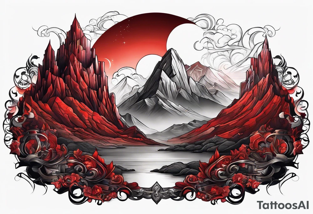 red mountains which there are two fantasies castles. tattoo idea