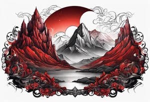 red mountains which there are two fantasies castles. tattoo idea