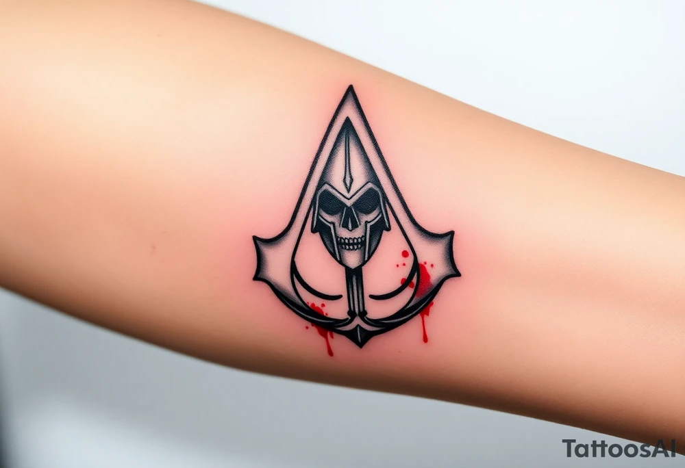 Assassins Creed emblem with Spartan helmet and sword inside and blood splashes incorporated into logo. tattoo idea