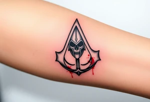 Assassins Creed emblem with Spartan helmet and sword inside and blood splashes incorporated into logo. tattoo idea