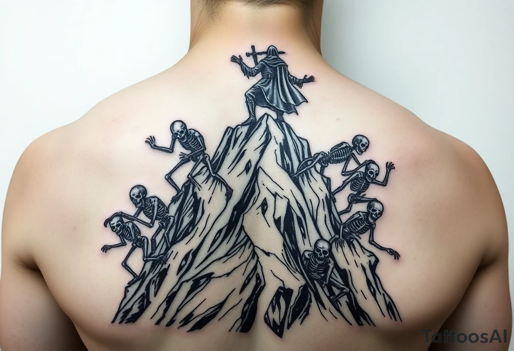 Necromancer on a mountain top, raising zombies and skeletons from the dead below. The zombies and skeletons are climbing up to him,  piling up to climb the mountain tattoo idea