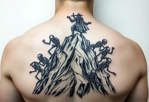 Necromancer on a mountain top, raising zombies and skeletons from the dead below. The zombies and skeletons are climbing up to him,  piling up to climb the mountain tattoo idea