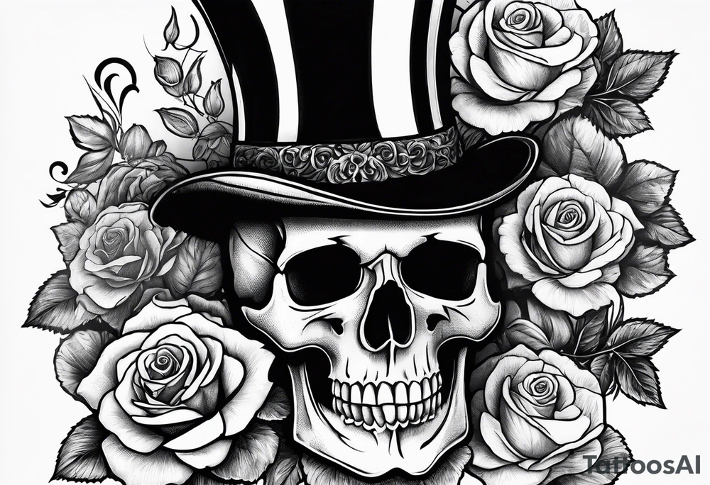 Gothic skull in top hat wrapped in roses tattoo idea