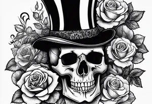 Gothic skull in top hat wrapped in roses tattoo idea