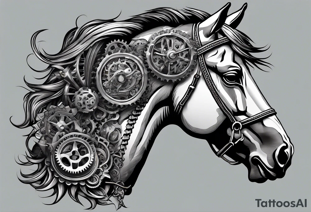 A horse head made fully out of gears and a mane made out of rope tattoo idea