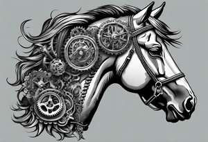 A horse head made fully out of gears and a mane made out of rope tattoo idea