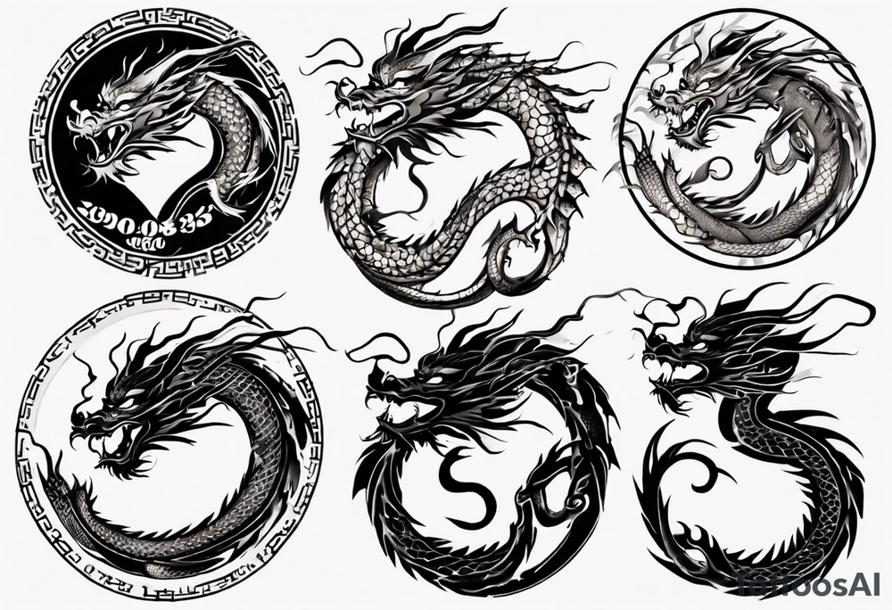 Chinese dragon in a circular shape with "02.03" written on its skin tattoo idea