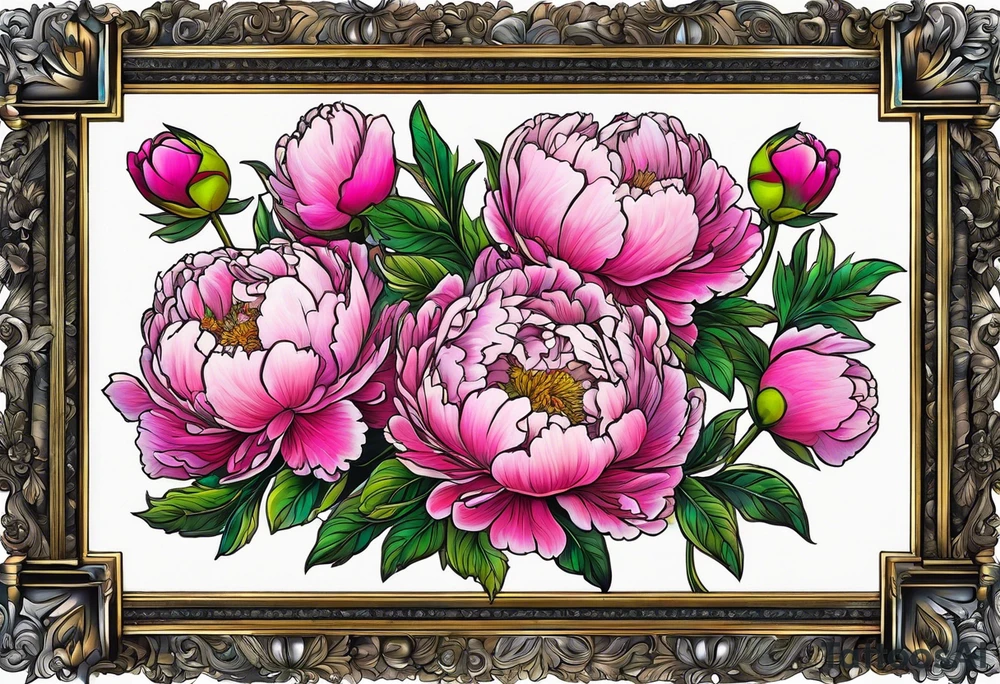 neon colorful peonies,neon colored, surrounding on the outside of a empty beautiful intricate victorian style picture frame with filigree tattoo idea