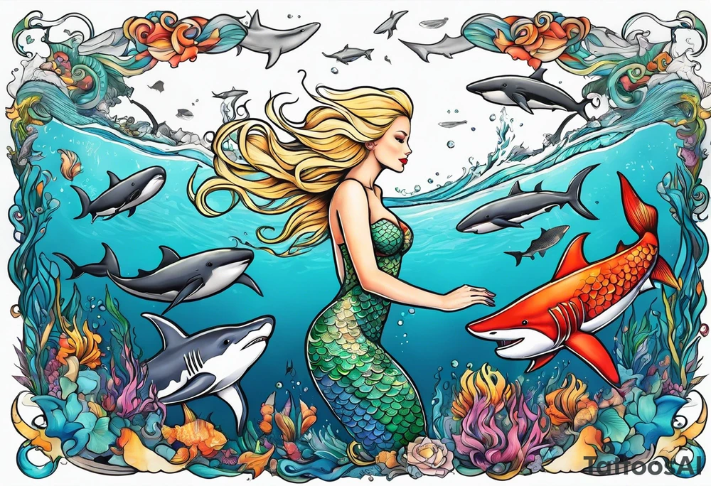 Blond mermaid swimming with sharks and whales tattoo idea