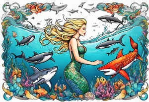 Blond mermaid swimming with sharks and whales tattoo idea