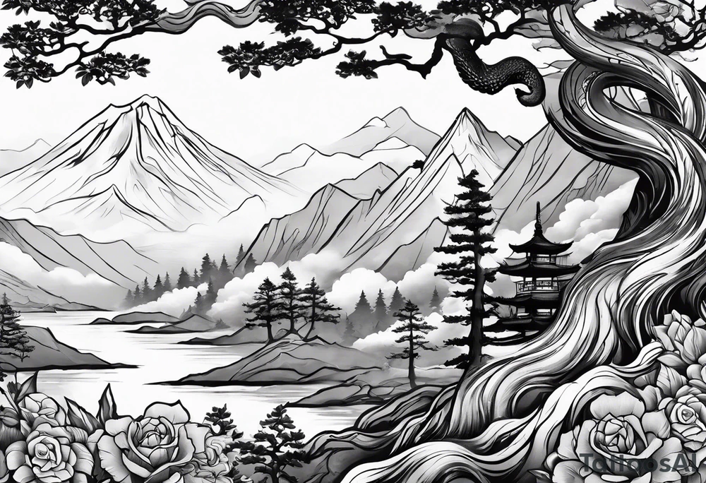 Full arm sleeve, tree going up to shoulder dead tree going down to wrist, wrapped in a serpent moving down with mountain and water elements tattoo idea
