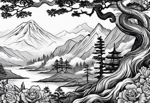 Full arm sleeve, tree going up to shoulder dead tree going down to wrist, wrapped in a serpent moving down with mountain and water elements tattoo idea