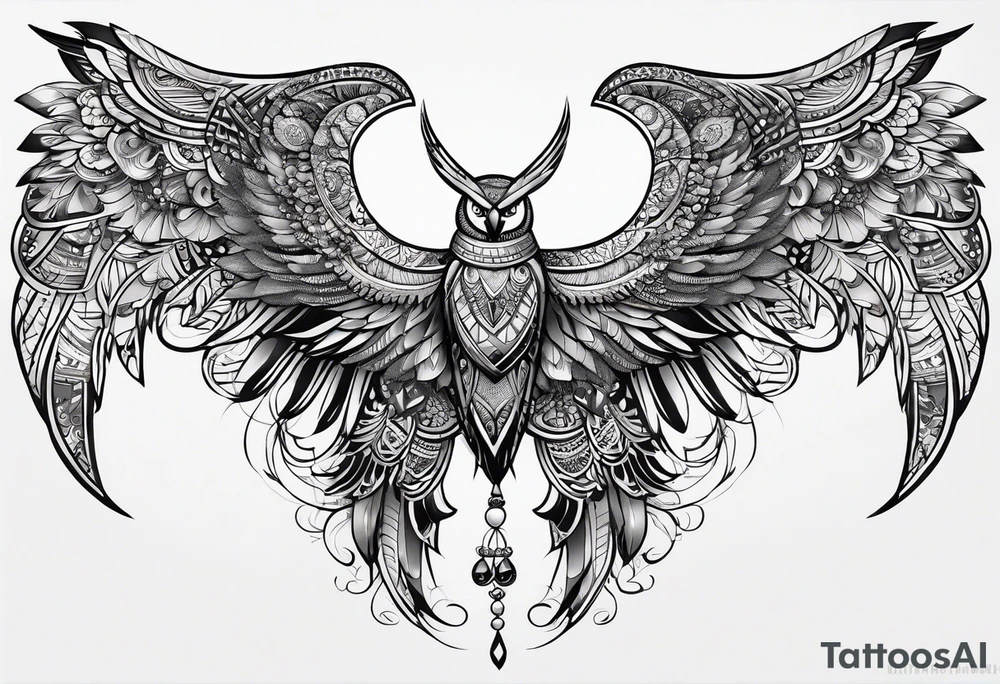 a full wing with filigree and african tribal patterns woven through for a sleeve tattoo idea
