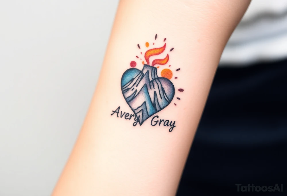 Female Geometric Volcano tattoo erupting in a heart with text Avery Gray tattoo idea