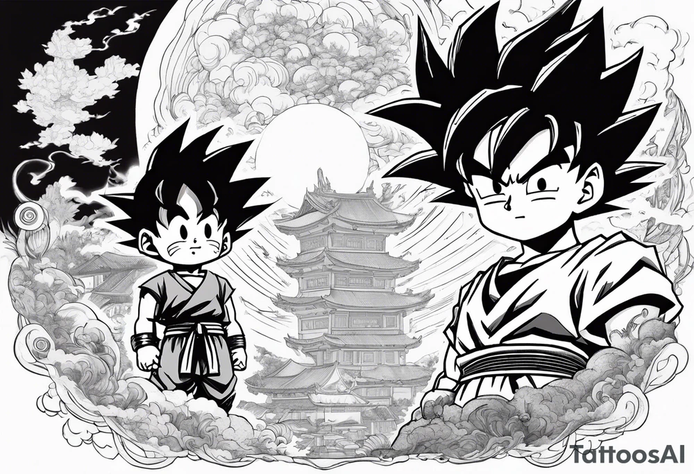 Son-Goku as a child in the foreground and an older version of him as a super saiyajin behind him. A huge dragonball surrounds the whole scenery. Fokus friends are surrounding him as shadows tattoo idea